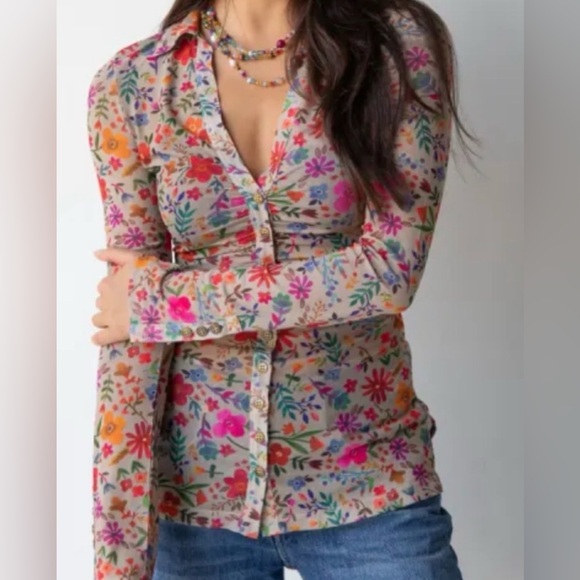 NATURAL LIFE Tops - Natural Life Boho Mesh Floral Blouse | Carina Long Sleeve Ruched Top
